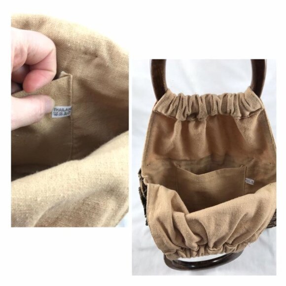 Boho Linen Fabric Handbag Purse with Wood Handles  Coconut Shell Bead Design - Picture 6 of 6